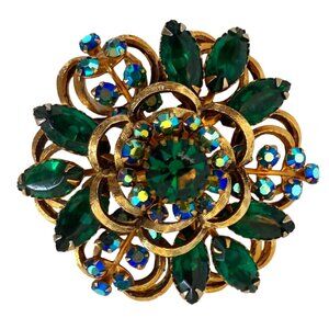 Vintage Selini Emerald 2" Green & Aurora Borealis Rhinestone Brooch –Gold Floral